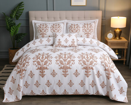 Luxury white bedding with ornate bronze damask pattern
