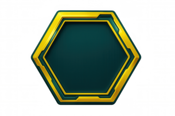 Sleek hexagonal graphic displaying dark green interior, accented by metallic yellow border, presenting geometric precision with transparent background