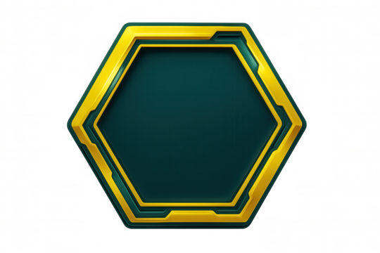 Sleek hexagonal graphic displaying dark green interior, accented by metallic yellow border, presenting geometric precision with transparent background - Powered by Adobe