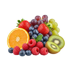 Assortment of Fresh Organic Mixed Berries and Fruits: Strawberries, Blueberries, Raspberries, Grapes, Kiwi, and Orange Slice Isolated on White Background