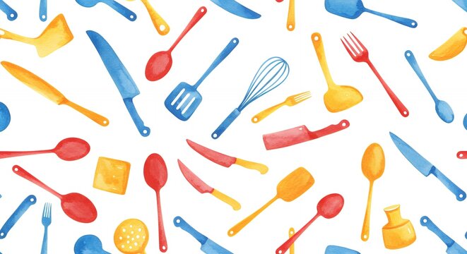 Colorful kitchen utensils pattern illustration