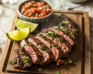 Sliced grilled steak with salsa and lime wedges on a wooden board