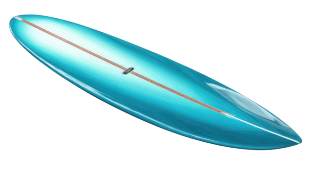 A stylized turquoise surfboard