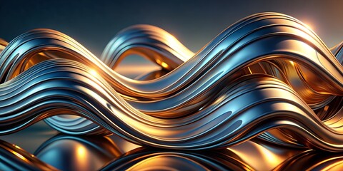 Abstract metallic waves with a blue and gold color scheme, creating a sense of movement and fluidity, perfect for modern design and technological themes, with a sleek and dynamic feel