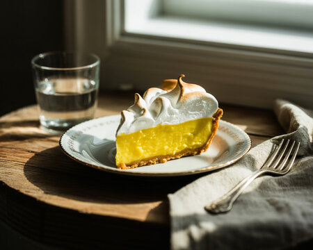 Slice of Lemon Meringue Pie with Fork and Water dessert