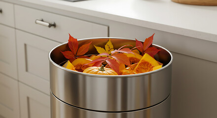 Autumnal Pumpkin Decor in Stainless Steel Container