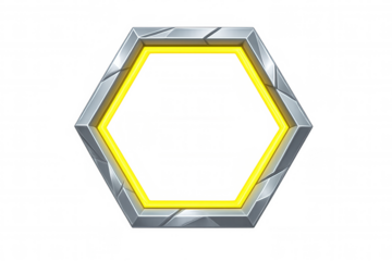 Metallic hexagonal frame glowing bright yellow, radiating geometric design potential with transparent backdrop