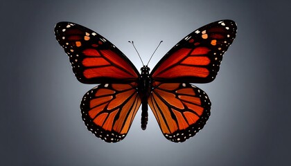 Fototapeta premium A monarch butterfly, wings outstretched, against a soft gray background. Detailed and vibrant colors