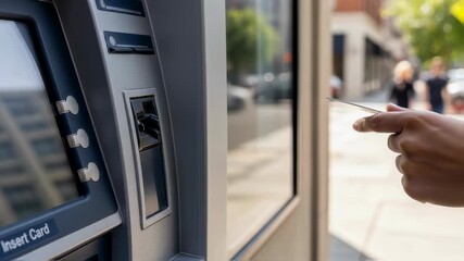 Woman initiating card transaction at an automated teller machine, showing card insertion and removal process footage.