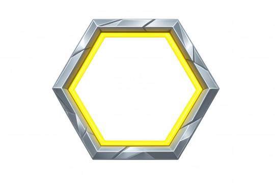 Metallic hexagonal frame glowing bright yellow, radiating geometric design potential with transparent backdrop