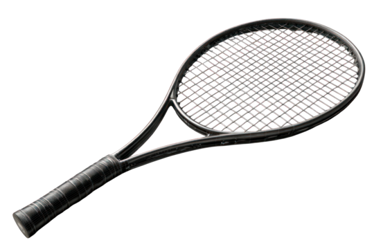 Black tennis racket, angled view