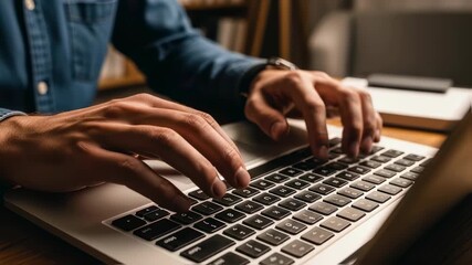 Man typing on laptop keyboard, showcasing workflow for online work or digital communication footage. - Powered by Adobe