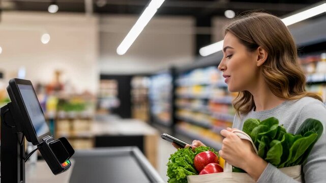 Young woman shopping for groceries at supermarket checkout, paying with smartphone using mobile payment technology footage.