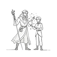 Fantasy elf wizard teaching young boy magic with sparkling effects  