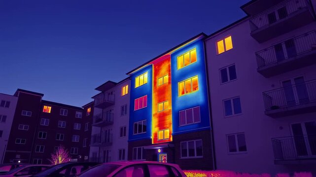 Highresolution infrared footage of residential complex fa&ccedil;ade capturing heat signatures and insulation gaps for retrofit decisions.