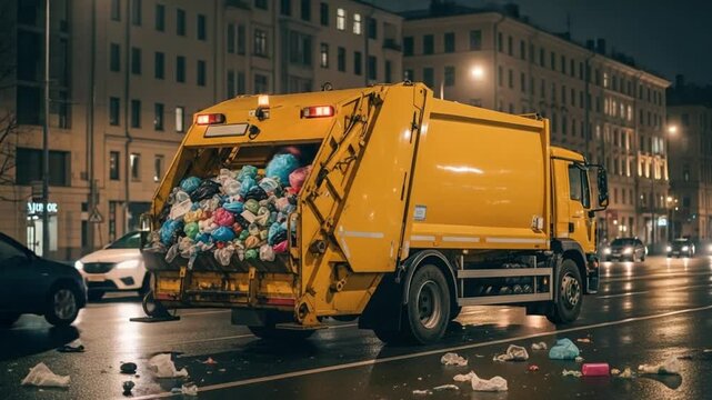 A yellow garbage truck filled with trash on a city street at night with buildings in the background
