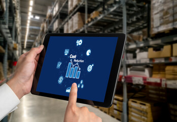 Cost reduction, cost saving concept shown on computer screen brisk, corporate business efficiently...