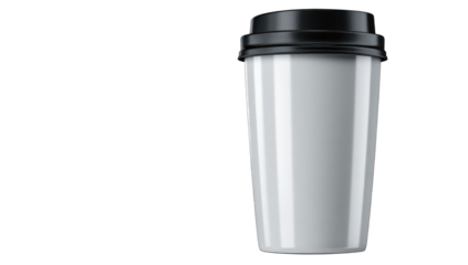 A white travel mug with a black lid