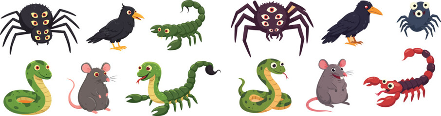 Obraz premium Creepy Animal Icon Set – Spider, Snake, Scorpion, Rat, Crow, Halloween Insect, Spooky Vector Clipart