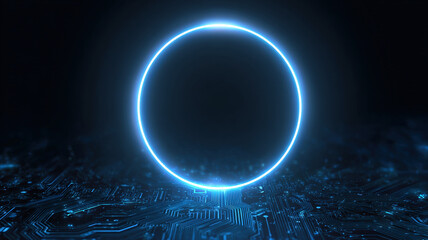 Glowing Blue Neon Circle Hovering Over Futuristic Digital Mesh Surface Creating Sci Fi Portal Effect