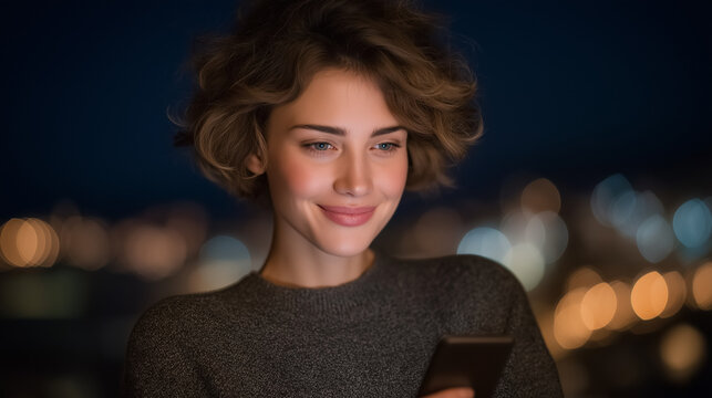 A woman smiles at her phone screen while using a dating app match