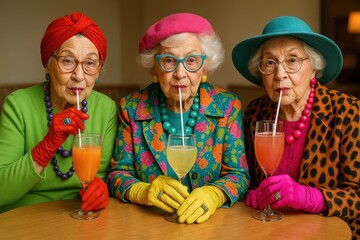 Three stylish senior women sitting at a table, enjoying cocktails together, laughing and having fun.