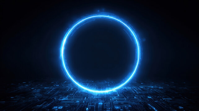 Glowing Blue Neon Circle Hovering Over Futuristic Digital Mesh Surface Creating Sci Fi Portal Effect