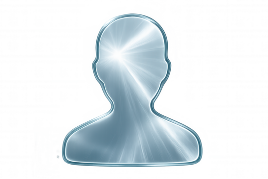 Glass bust emitting light rays, symbolizing ideas, innovation, and creativity, on a transparent background