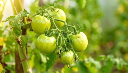 Close-up of unripe tomatoes, a cluster of round, green fruits on a vine, with sunlight