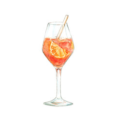 Watercolor Illustration of Aperol Spritz Cocktail in Glass with Orange Slice