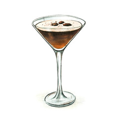 Watercolor Illustration of Espresso Martini Cocktail with Coffee Beans