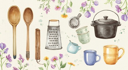 Watercolor kitchen utensils and cooking tools