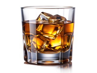 Glass of whiskey with ice cubes isolated on transparent background