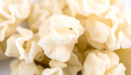 Close-up of many light beige popcorn kernels