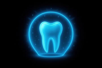 Glowing neon tooth inside a protective sphere, 3D illustration of dental health and oral care concept.
