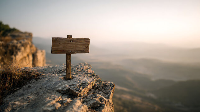 A blank wooden sign on a cliff edge overlooking a hazy mountain landscape. A concept of choice, direction, journey, and new opportunities. Mockup space.
