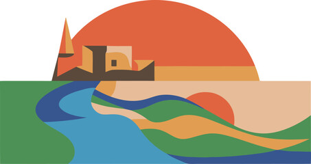 Vibrant abstract landscape with flowing river and warm sunset over rolling hills.