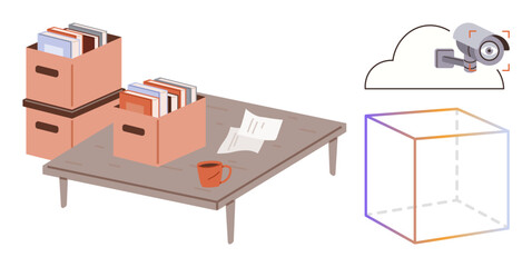 Storage boxes filled with documents on a table, coffee mug, paper, surveillance camera connected to a cloud, and 3D wireframe. Ideal for data organization, security, storage solutions, digital