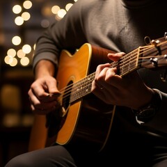Fototapeta premium Close up acoustic guitar player strumming warm wood tone in cozy studio.