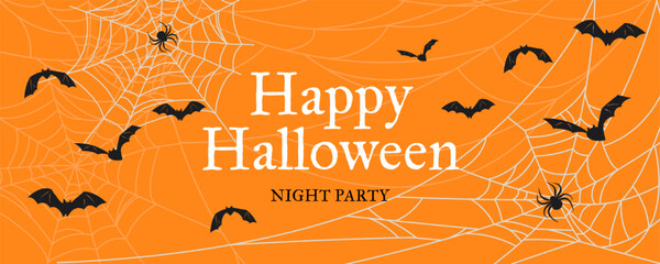 Happy Halloween banner. Trendy Halloween design with bats, spiders and spider webs on orange background. Modern minimal style. Horizontal poster, greeting card, header for website
