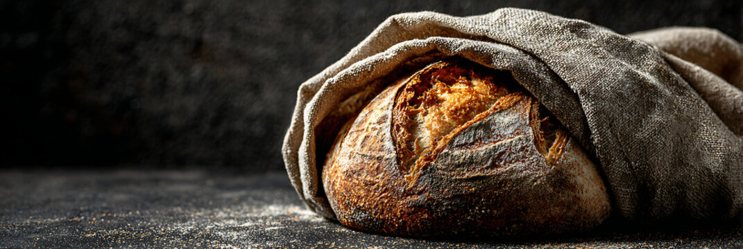 A crusty, artisanal sourdough bread loaf wrapped in a rustic linen cloth against a dark, textured background. A concept for traditional, slow baking.
