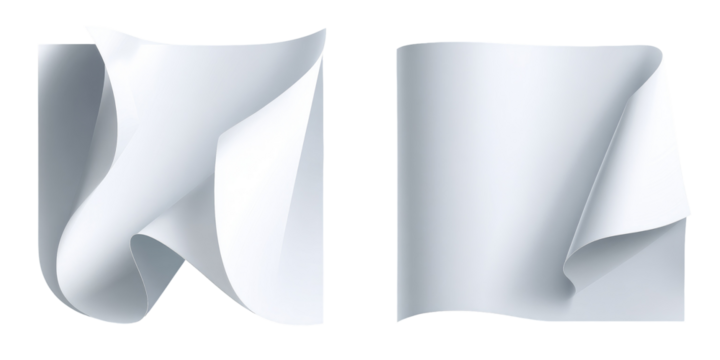 Two sheets of white paper, one draped, one creased