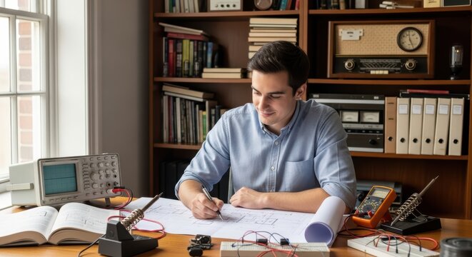 Young caucasian male engineer working on electronics project in office