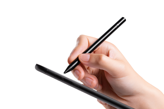 Hand holding a stylus over a tablet