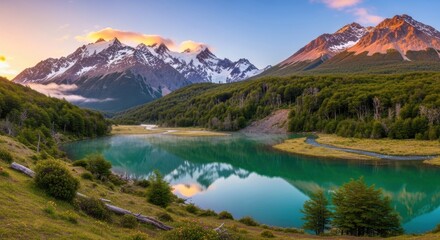 Picturesque turquoise lake surrounded by forests and snowy mountains