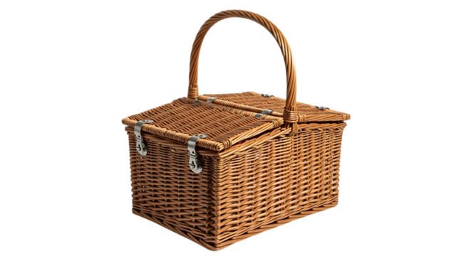 A classic wicker picnic basket with a hinged lid and handle isolated on transparent background