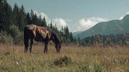 Obraz premium Horse grazing in a meadow, mountains in background