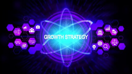 Futuristic growth strategy concept with glowing atom nucleus and business icons in hexagonal network digital transformation abstract background - Powered by Adobe