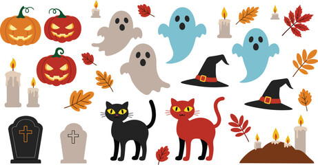Halloween Icon Set – Pumpkin, Ghost, Cat, Witch Hat, Candle, Grave, Autumn Leaf, Spooky Vector Clipart