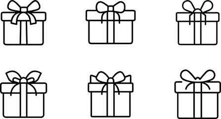 Set of six simple line art gift boxes with bows, isolated on transparent background